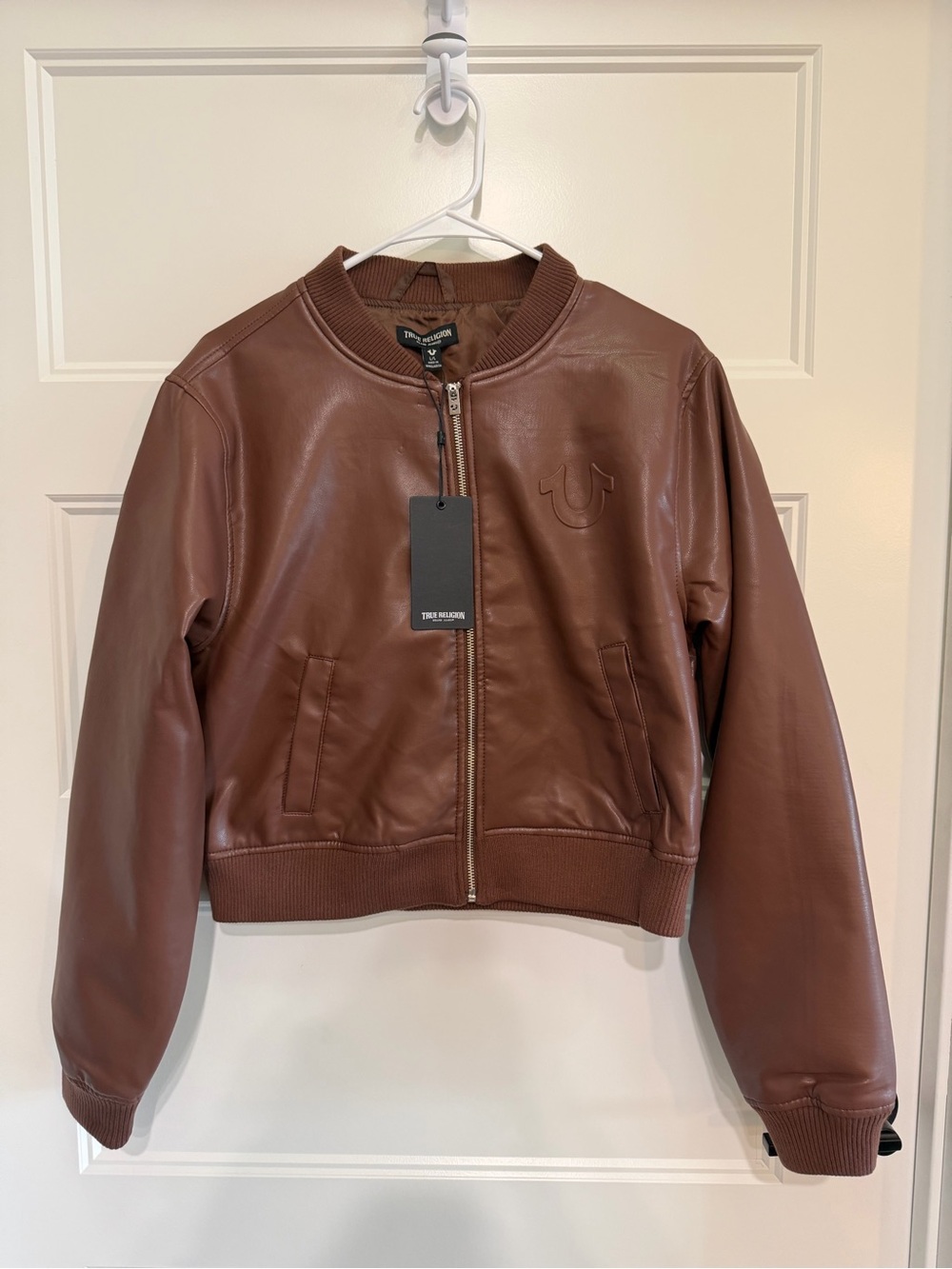 True Religion NWT Wing Emboss PU Bomber Jacket Brown Size L